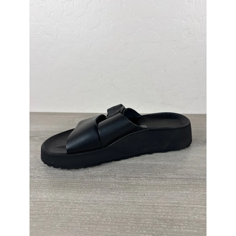 Papillio by Birkenstock Almina Exquisite Black Leather Platform Slide Sandals 40